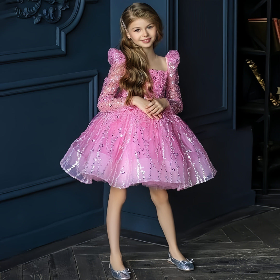 3m / Pink Sunnypetal Glitter Sequins Flower Girl Dress Short Wedding Birthday Party Pageant Dress
