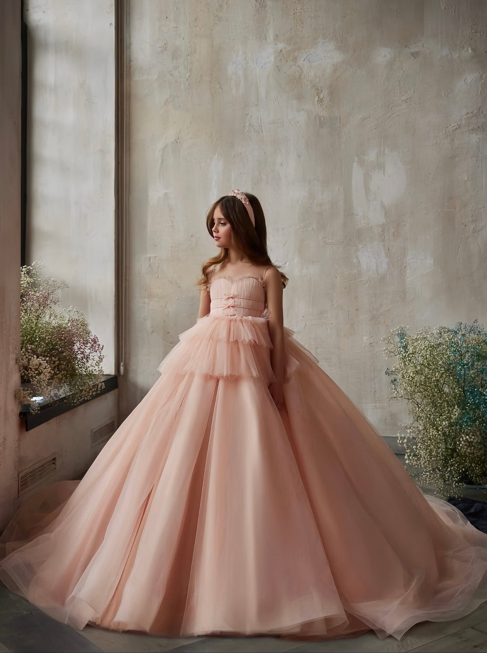 3m / Pink Sunnypetal Heart-Shaped Corset Flower Girl Dress with Tiered Peplum and Cathedral Train