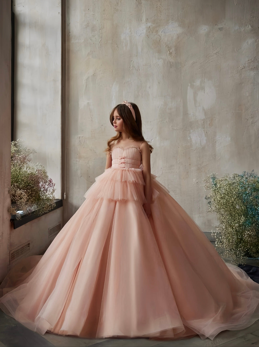 3m / Pink Sunnypetal Heart-Shaped Corset Flower Girl Dress with Tiered Peplum and Cathedral Train