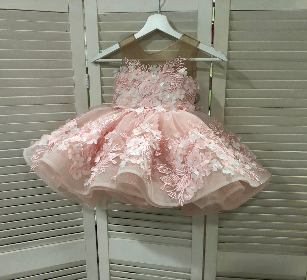 3m / Pink Sunnypetal Light Blue Puff Tulle 3D Flora Appliques Knee-Length Flower Girl Dresses