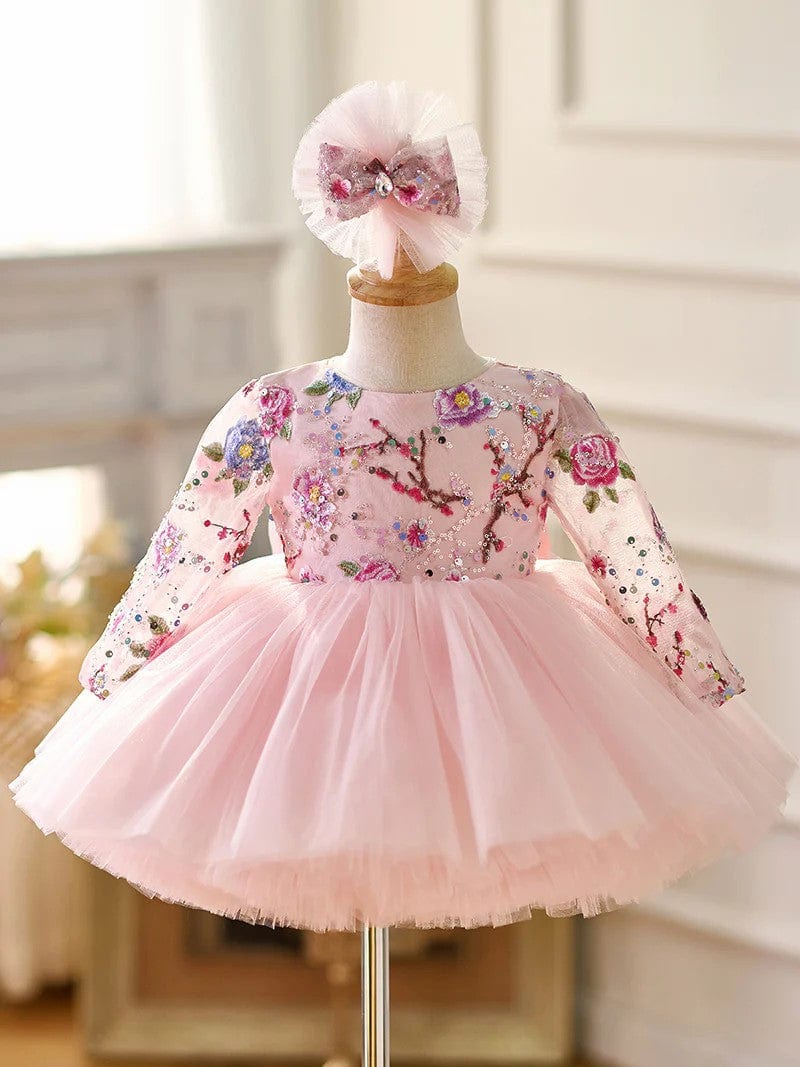 3m / Pink Sunnypetal Lilac Long Sleeves Floral Embroidery Puff Tulle Flower Girl Dresses