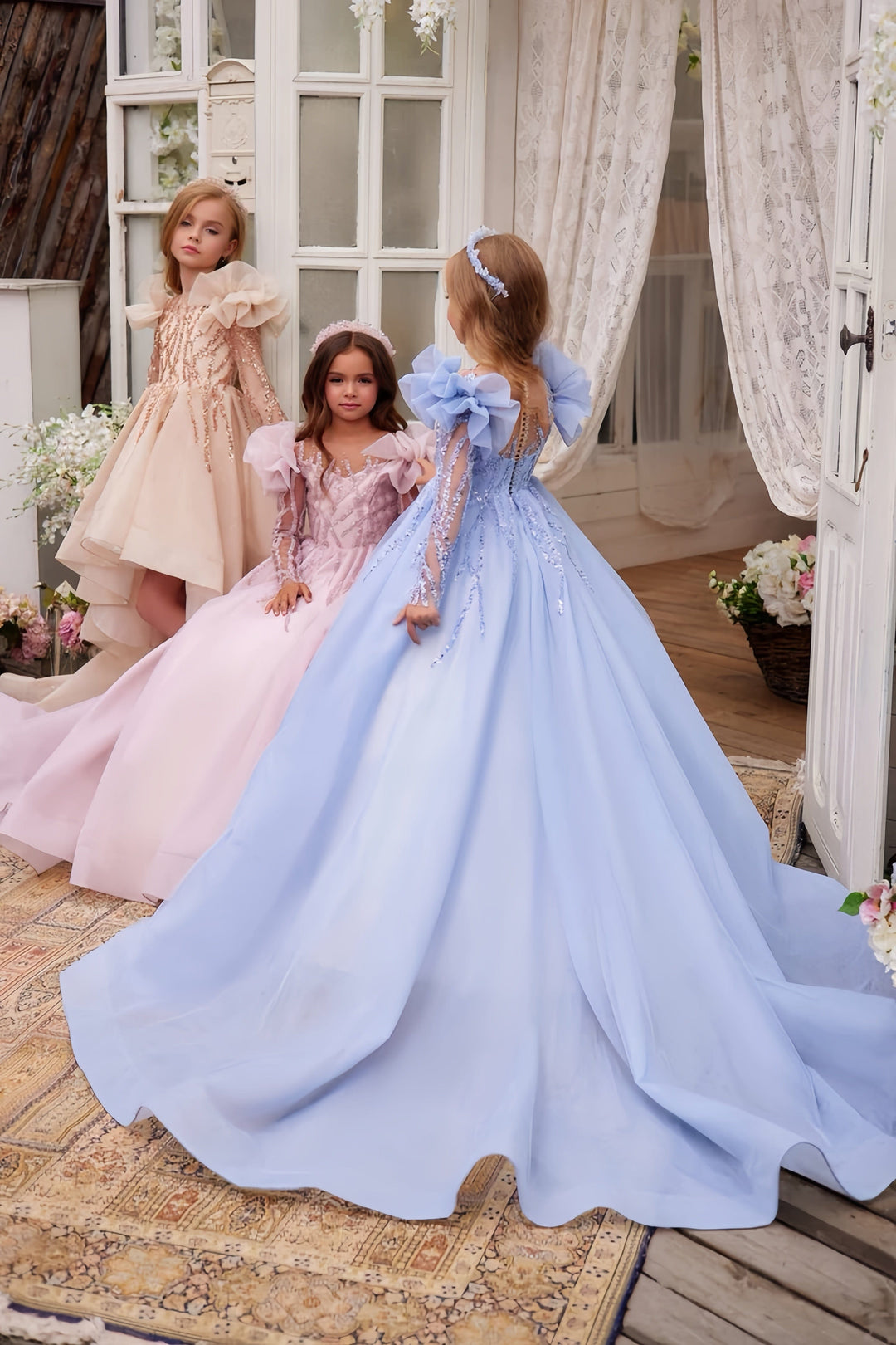 3m / Pink Sunnypetal Luxurious Prom Pageant Dinners Gown Tulle Oversized Puff Shoulder Flower Girl Dresses