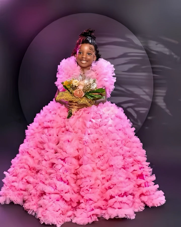 3m / Pink Sunnypetal Luxury Pink Beaded Flower Girl Dresses Ruffles Tulle Pageant Birthday Gowns