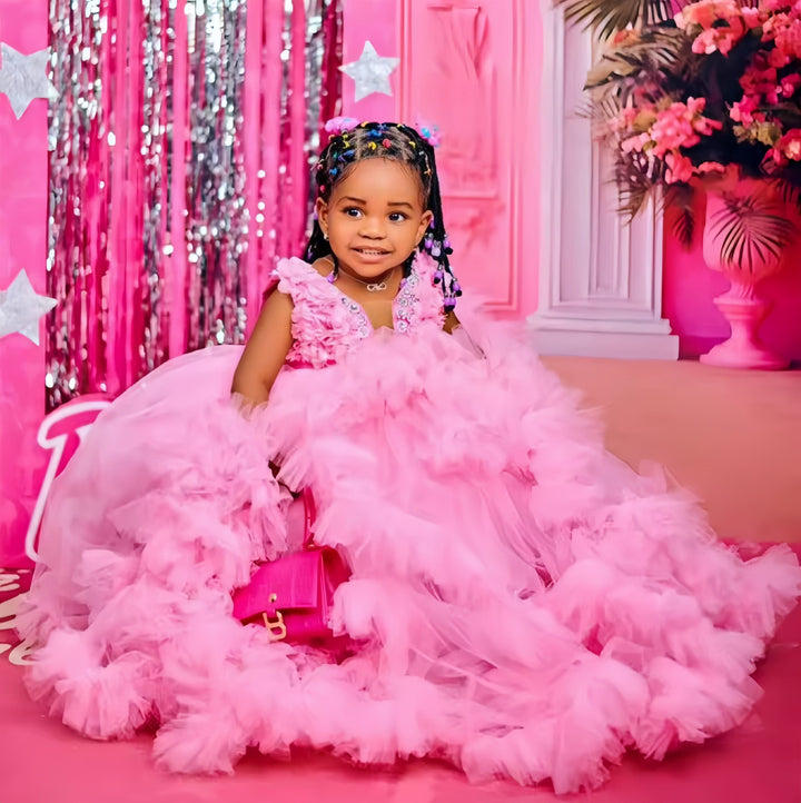 3m / Pink Sunnypetal Luxury Pink Kids Birthday Gown Beaded Ruffles Tulle Flower Girl Dresses