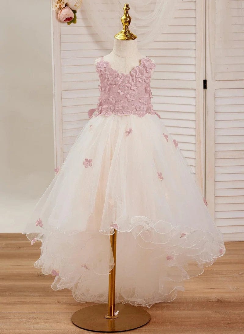 3m / Pink Sunnypetal Pink 3D Flower Sleeveless Tulle Asymmetrical Flower Girl Dress