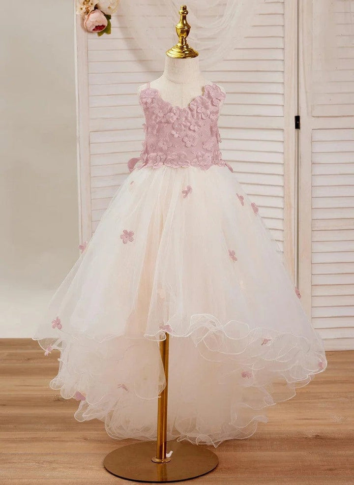3m / Pink Sunnypetal Pink 3D Flower Sleeveless Tulle Asymmetrical Flower Girl Dress