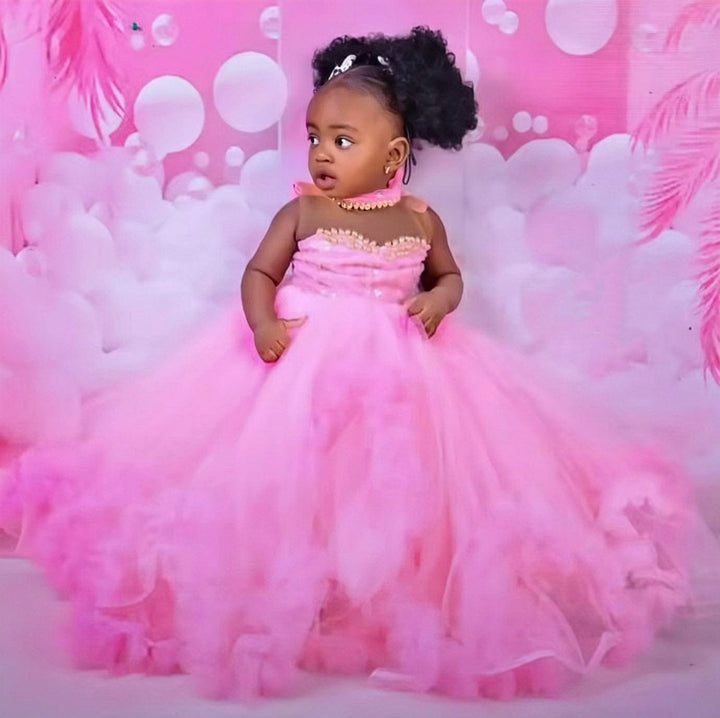 3m / Pink Sunnypetal Pink Customized Ruffles Tulle Baby Ball Gown Flower Girl Dresses