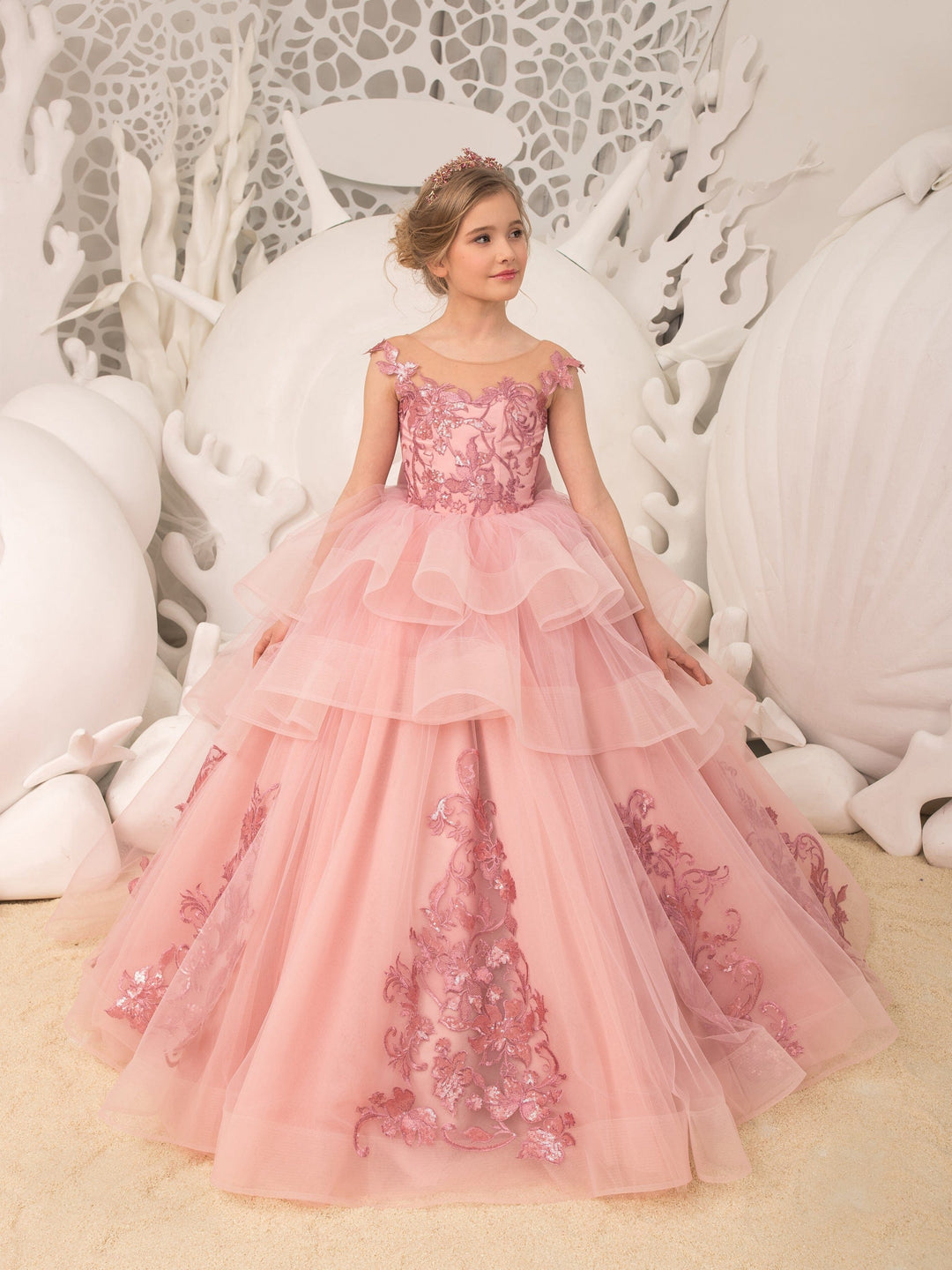 3m / Pink Sunnypetal Pink Floral Appliques Sequins Flower Girl Dress Tulle Layered Long Dress with Train