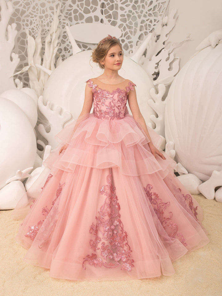 3m / Pink Sunnypetal Pink Floral Appliques Sequins Flower Girl Dress Tulle Layered Long Dress with Train