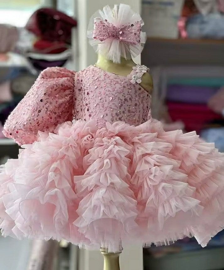 Sunnypetal Pink Flower Girl Dress Short Puffy Sleeve for Baby Girl One  Shoulder Birthday Gown