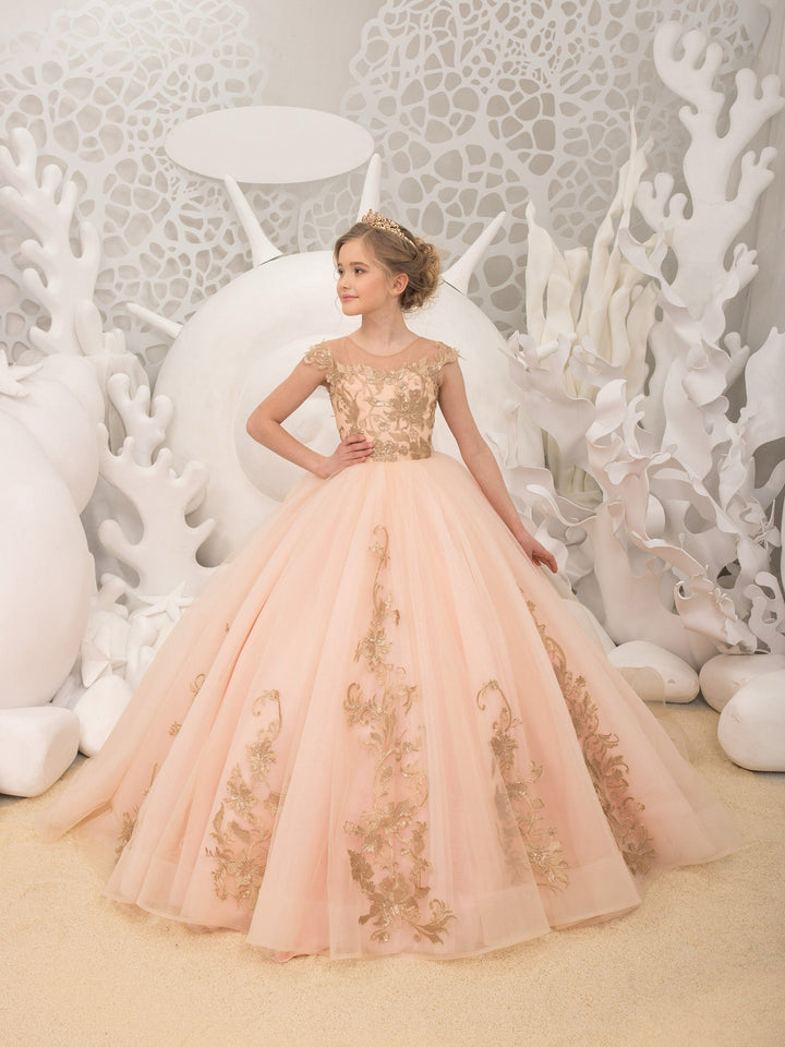 3m / Pink Sunnypetal Pink Flower Girl Dresses Gold Embroidery Appliques Ball-Gown Tulle Dress with Bow