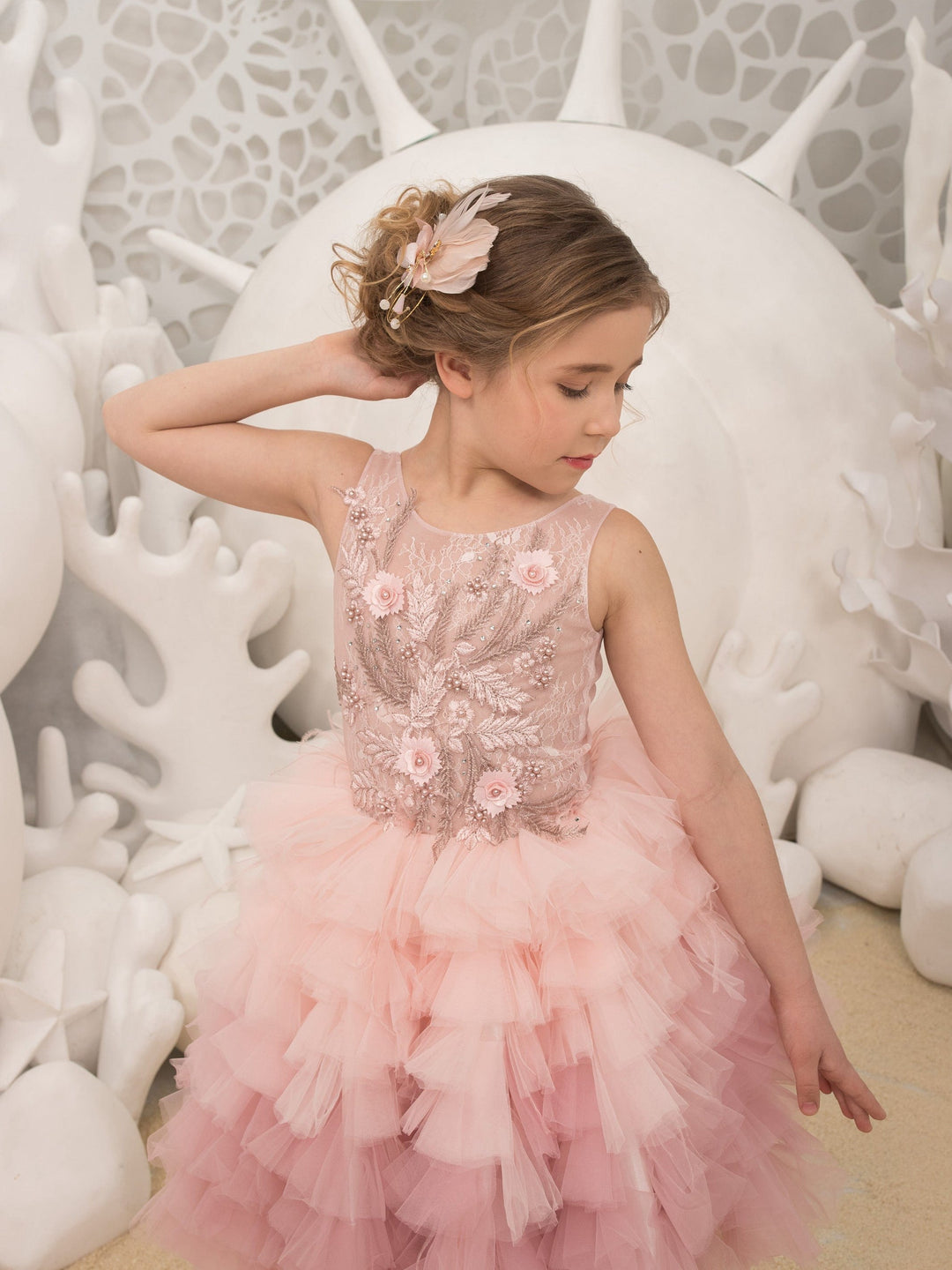 3m / Pink Sunnypetal Pink Full Tulle Ruffled Skirt for Kids Knee-Length Ball-Gown Flower Girl Dresses