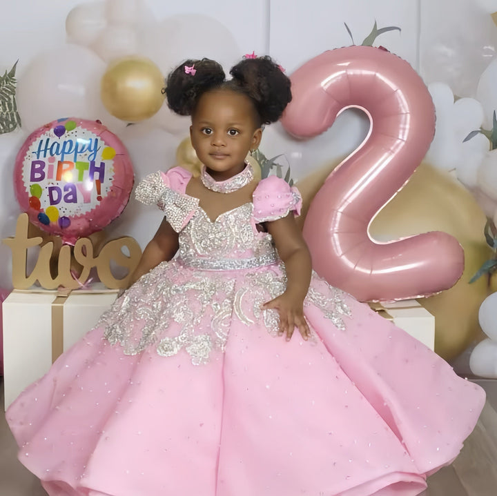 3m / Pink Sunnypetal Pink High Neck Flower Girl Dresses Birthday Party Princess Pageant Gowns