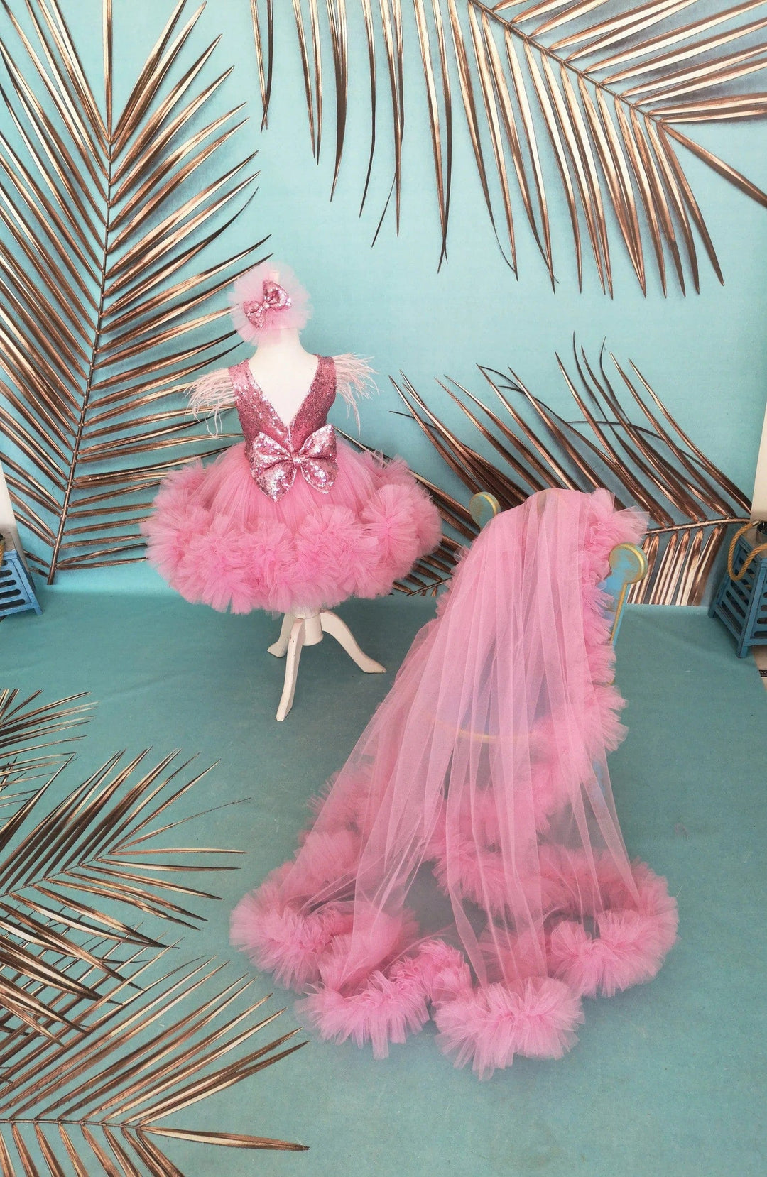 3m / Pink Sunnypetal Pink Little Girls Pageant Dress with Detachable Train