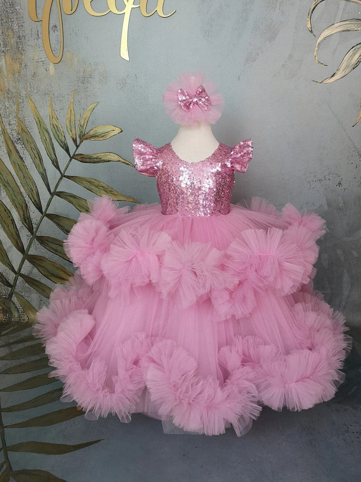 3m / Pink Sunnypetal Pink Long Puffy Tulle Ankle-Length Flower Girl Dresses with Rhinestones&Bow