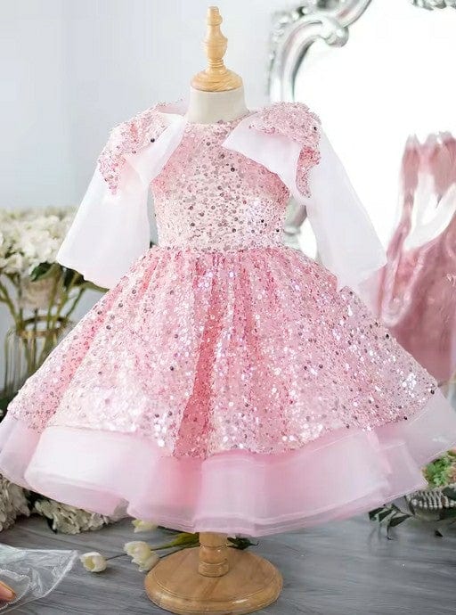 3m / Pink Sunnypetal Pink Luxury Sequin Big Bow Ball Gown Flower Girl Dresses