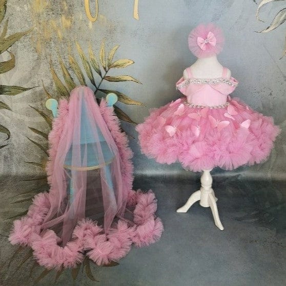 3m / Pink Sunnypetal Pink Off-Shoulder 3D Butterfly Knee-Length Flower Girl Dresses with Detachable Train