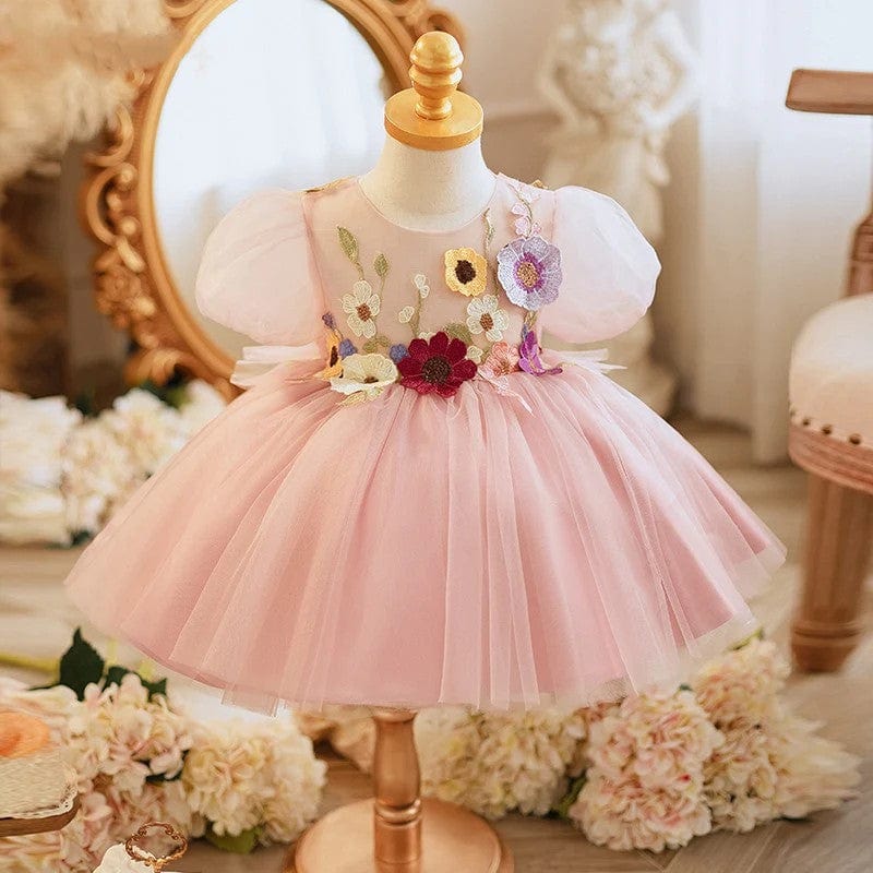 Sunnypetal Pink Princess 3D Flower Toddler Flower Girl Dress with Sati   sunnypetal