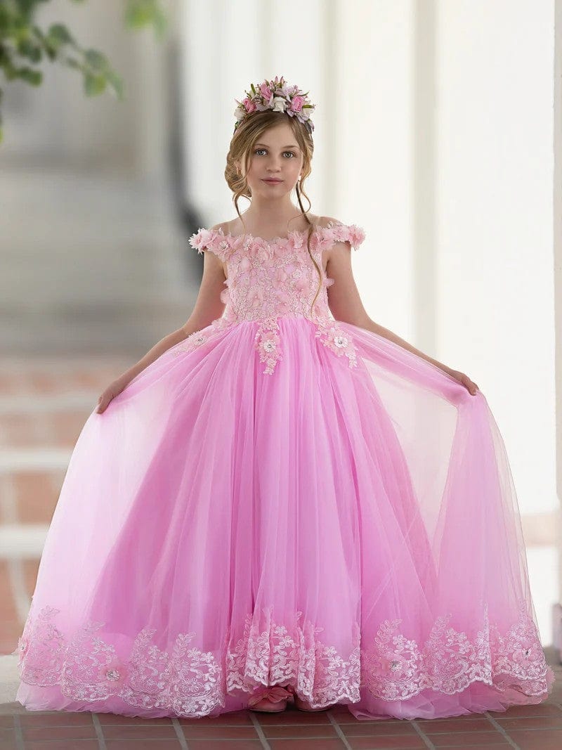 3m / Pink Sunnypetal Pink Princess Flower Girl Dress Lace Appliques Girl Birthday Pageant Dance Dress