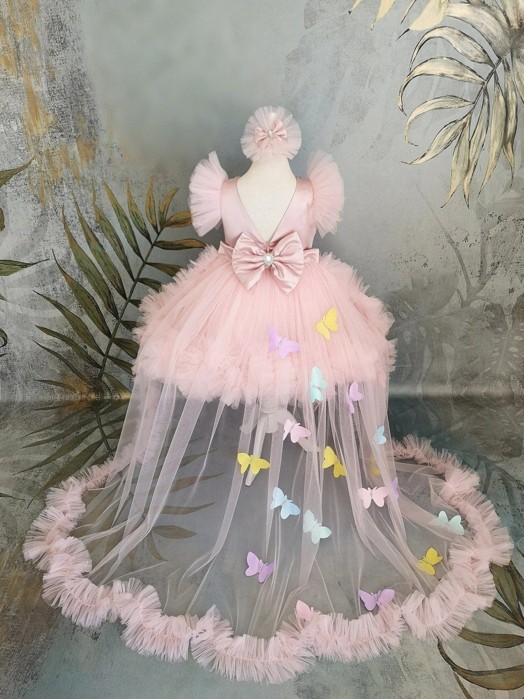 3m / Pink Sunnypetal Pink Puff Sleeves Baby Girl Pageant Dress with Butterflys and Detachable Train