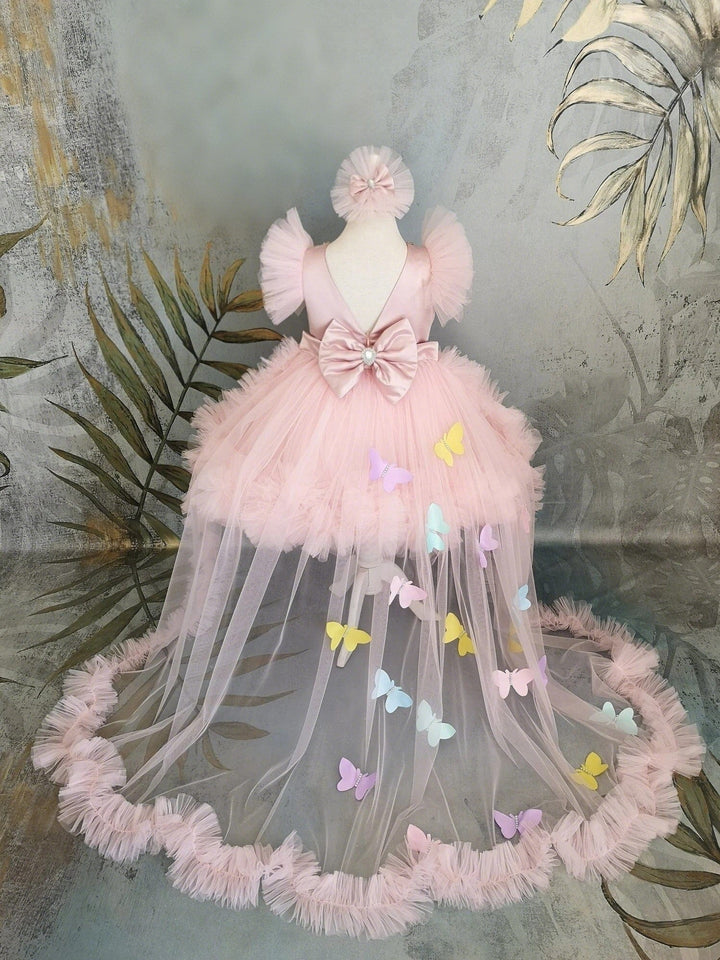 3m / Pink Sunnypetal Pink Puff Sleeves Baby Girl Pageant Dress with Butterflys and Detachable Train