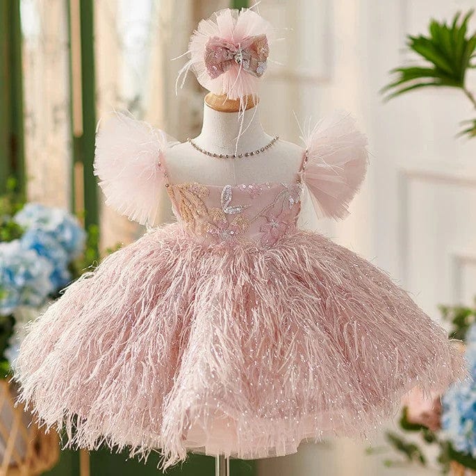 3m / Pink Sunnypetal Pink Puff Sleeves Floral Embroidery Flower Girl Dresses with Feathers