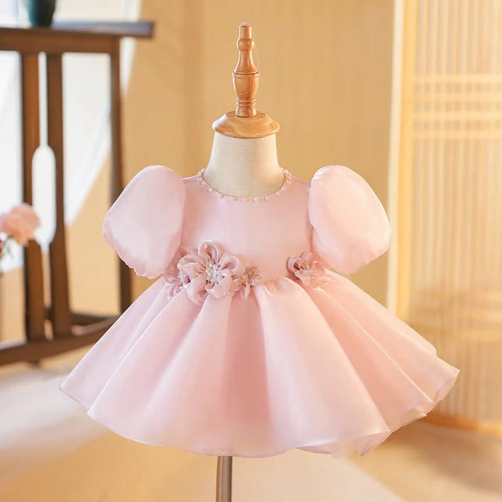 3m / Pink Sunnypetal Pink Puff Sleeves Floral Tulle Knee-Length Baby Girl Birthday Dress