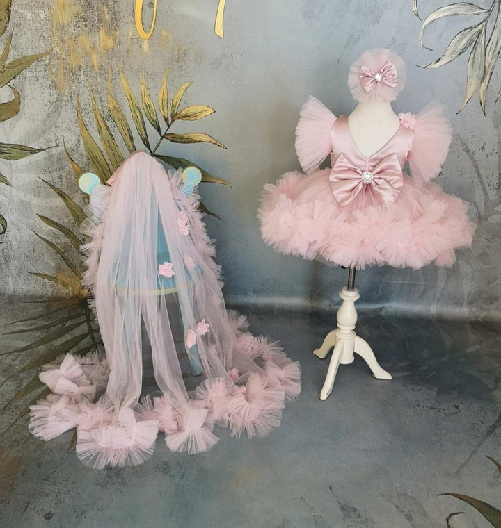 3m / Pink Sunnypetal Pink Puff Sleeves Flowers Tulle Flower Girl Dresses with Detachable Train