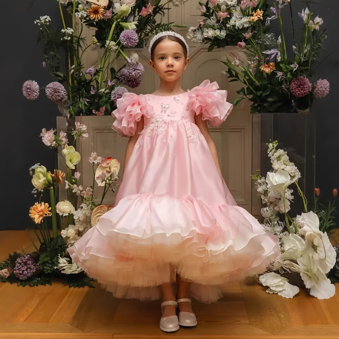 3m / Pink Sunnypetal Pink Ruffled Butterfly Flower Girl Dress with Layered Tulle Hem and Puff Sleeves