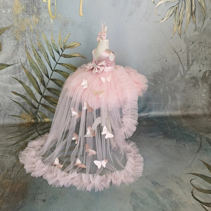 3m / Pink Sunnypetal Pink Ruffles Tulle Baby Girls Dress Sleeveless Satin Bodice Knee-Length with 3D Butterfly