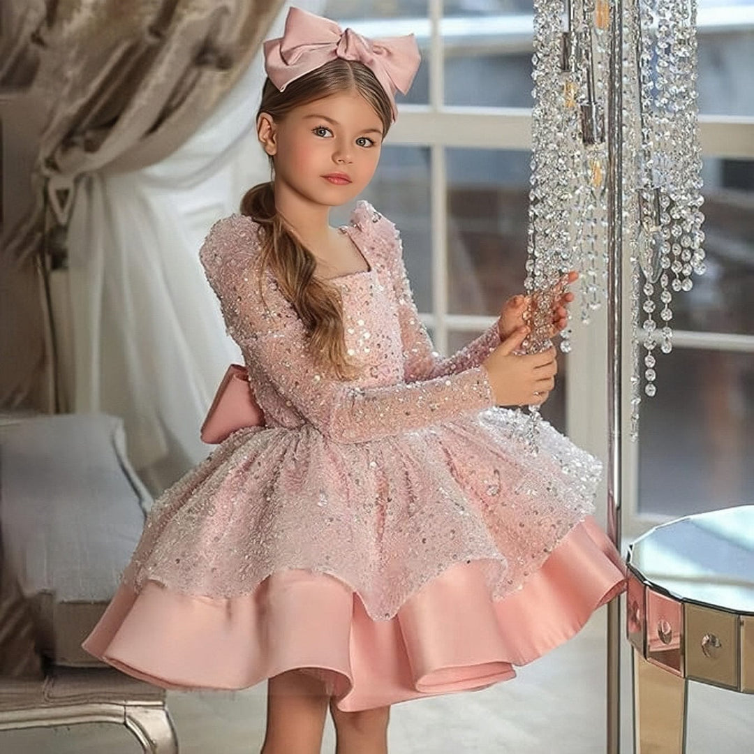 3m / Pink Sunnypetal Pink Sequin Knee-Length Flower Girl Dresses with Satin Bow