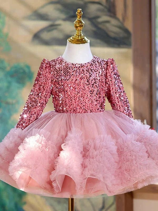3m / Pink Sunnypetal Pink Sequin Long Sleeves Puffy Tulle Flower Girl Dresses Prom Birthday Gown