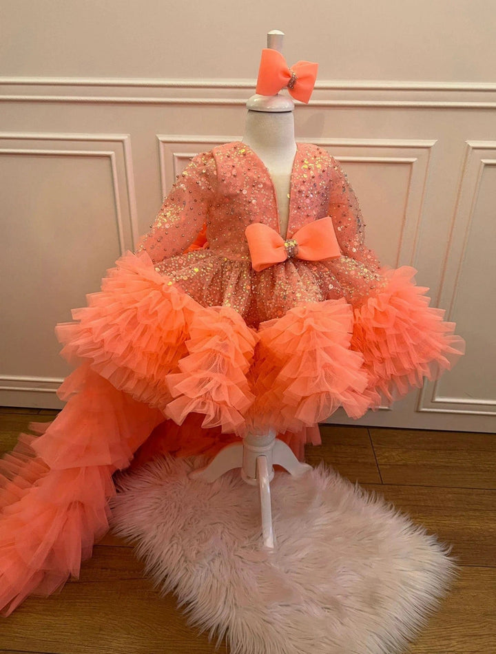 3m / Pink Sunnypetal Pink Sequins V-Neck Rhinestones Dress for Girls 1st Birthday Gown