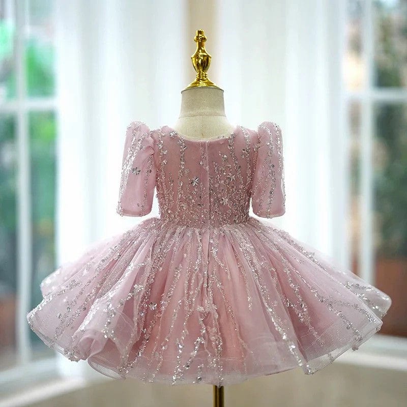 3m / Pink Sunnypetal Pink Short Sleeves Shiny Sequin Tulle Knee-Length Flower Girl Birthday Gown