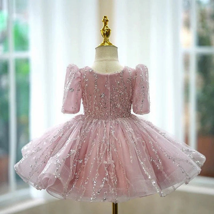 3m / Pink Sunnypetal Pink Short Sleeves Shiny Sequin Tulle Knee-Length Flower Girl Birthday Gown