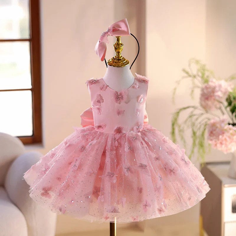 3m / Pink Sunnypetal Pink Sleeveless 3D Butterflys Flower Girl Dresses Pageant Prom Gown