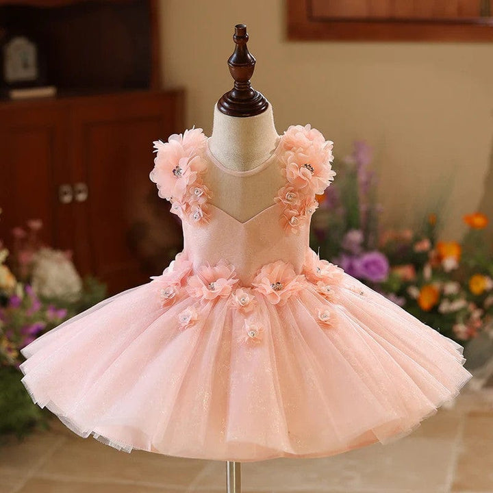 3m / Pink Sunnypetal Pink Sleeveless 3D Flowers Glitter Tulle Ball Gown Flower Girl Dresses