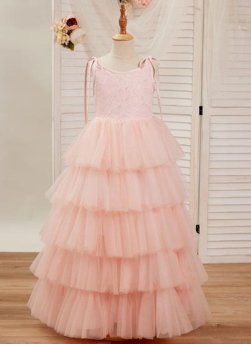 3m / Pink Sunnypetal Pink Sleeveless Layered Tulle Floor-Length Flower Girl Dress