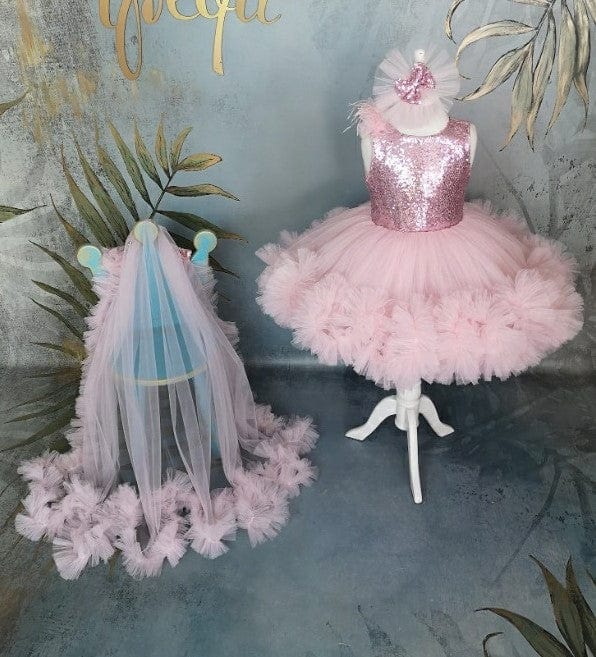 3m / Pink Sunnypetal Pink Sleeveless V Back Puff Tulle Flower Girl Dresses with Detachable Train