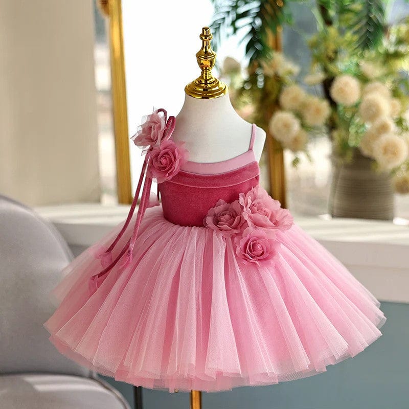3m / Pink Sunnypetal Pink Spaghetti Straps Flower Puff Tulle Ball-Gown Flower Girl Dresses