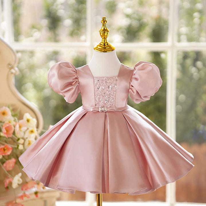 3m / Pink Sunnypetal Pink Square Neck Puff Sleeves Satin Knee-Length Flower Girl Dresses