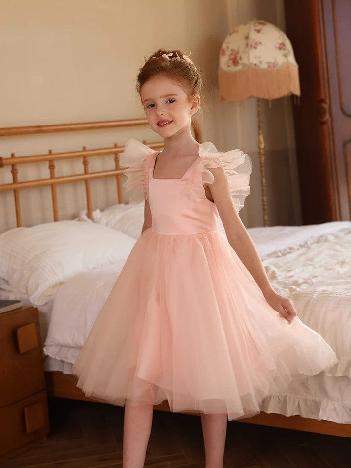 3m / Pink Sunnypetal Pink Tulle Ruffled Sleeves A-Line Knee-Length Flower Girl Dresses