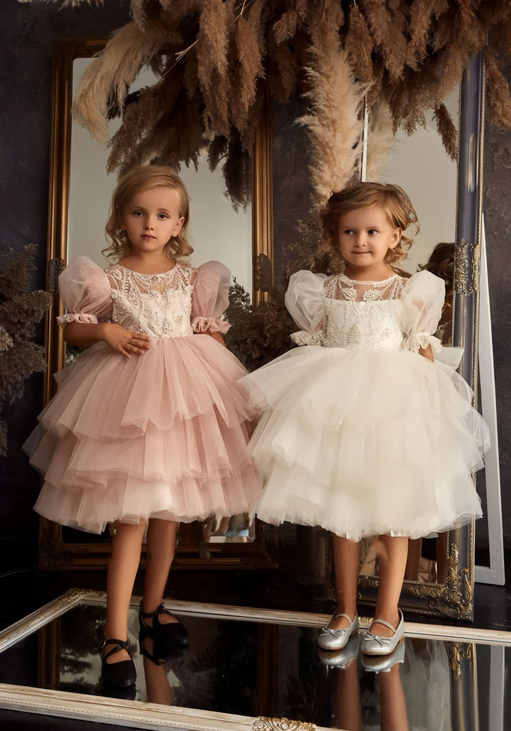3m / Pink Sunnypetal Puff Sleeve Lace Applique Layered Tulle Skirt Flower Girl Dress