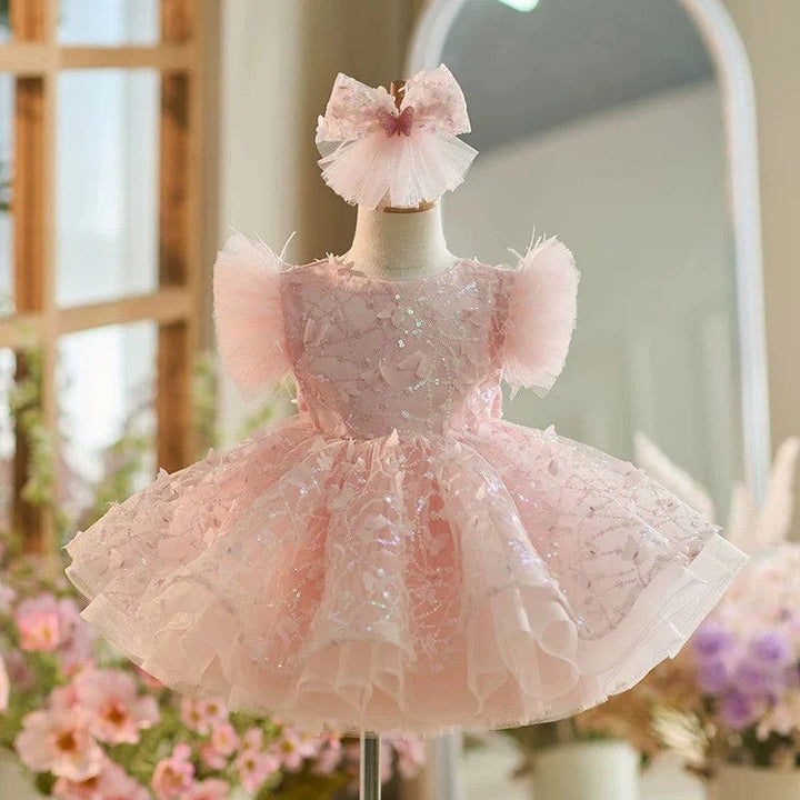 3m / Pink Sunnypetal Puff Sleeves Lace 3D Butterflys Ball-Gown Flower Girl Dresses