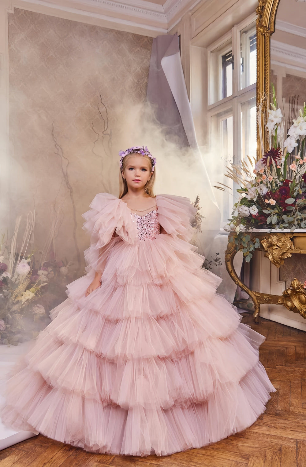 3m / Pink Sunnypetal Puff Sleeves Sweetheart Neckline Long Ruffled Tulle Flower Girl Dresses Ball Gown
