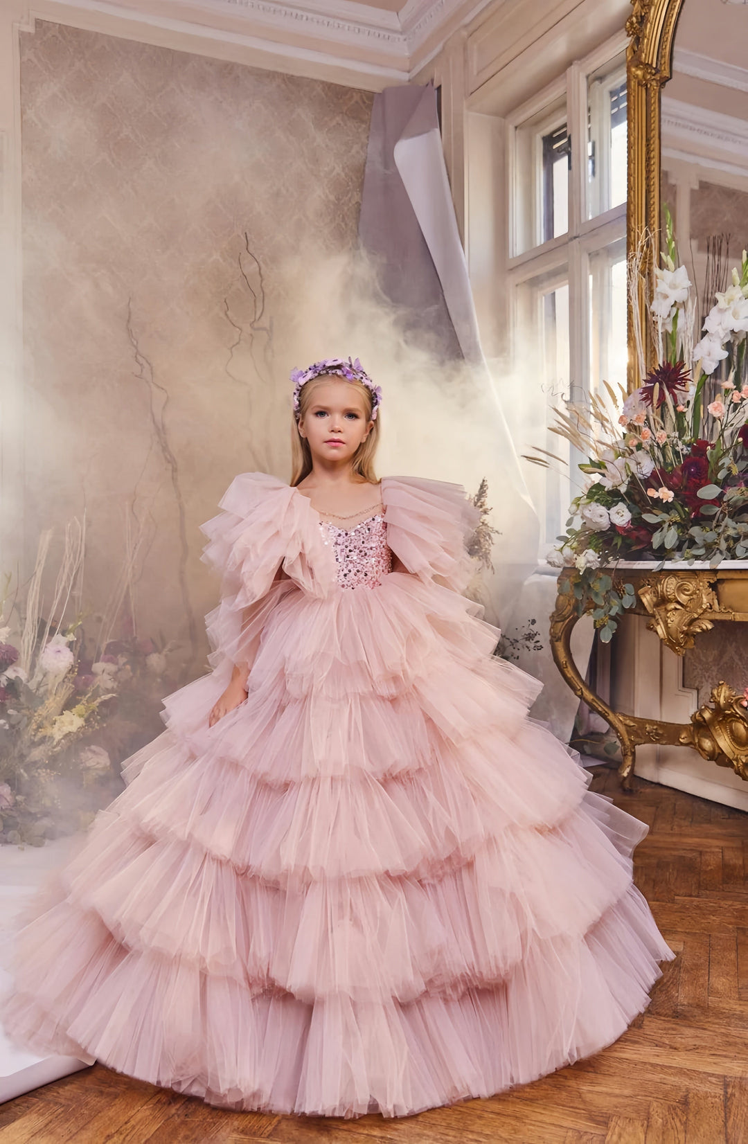 3m / Pink Sunnypetal Puff Sleeves Sweetheart Neckline Long Ruffled Tulle Flower Girl Dresses Ball Gown