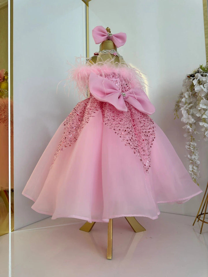 3m / Pink Sunnypetal Red Puffy Feathers Sequin Wedding Pageant Prom Flower Girl Dresses