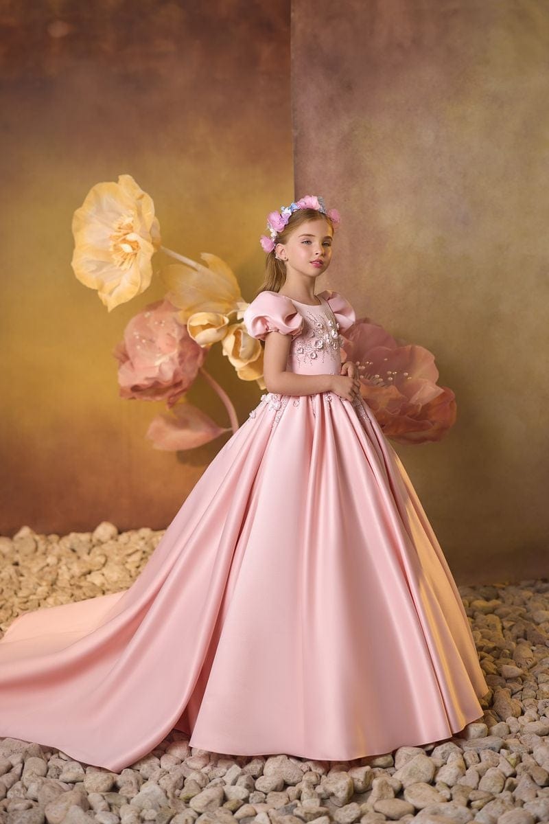 3m / Pink Sunnypetal Royal Blossom Puff-Sleeve Flower Girl Gown with Elegant Train
