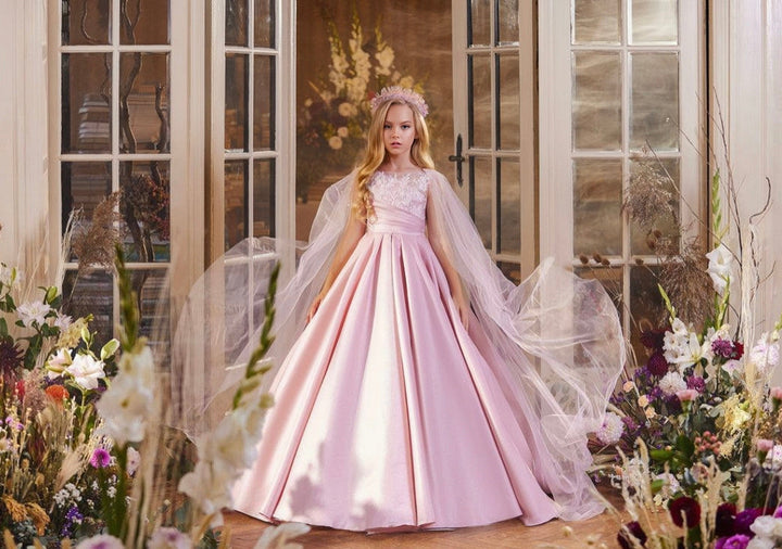 3m / Pink Sunnypetal Shiny Satin Lace Bodice Ball Gown Flower Girl Dresses for Wedding