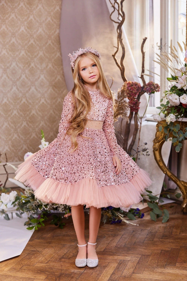 3m / Pink Sunnypetal Shiny Sequins Long Sleeves Flower Girl Dresses Knee-Length Birthday Gown